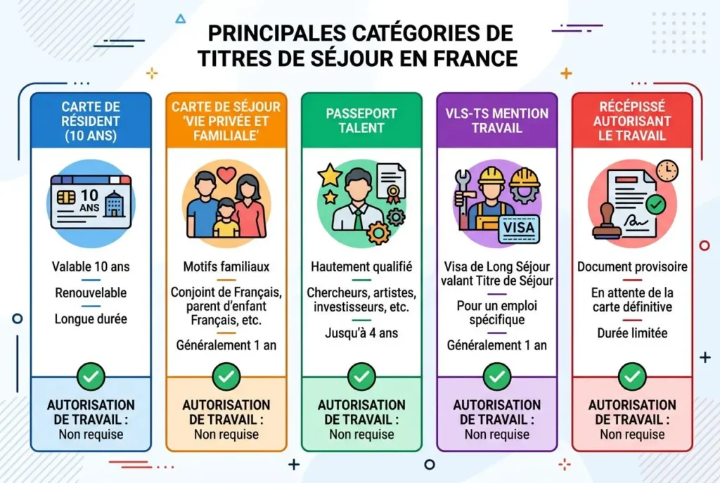 Cartes des catégories de titres de séjour en France: documents affichés (carte résident, séjour privé/familial, talent, travail visa, récépissé autorisant le travail) avec informations sur autorisation de travail et statuts.