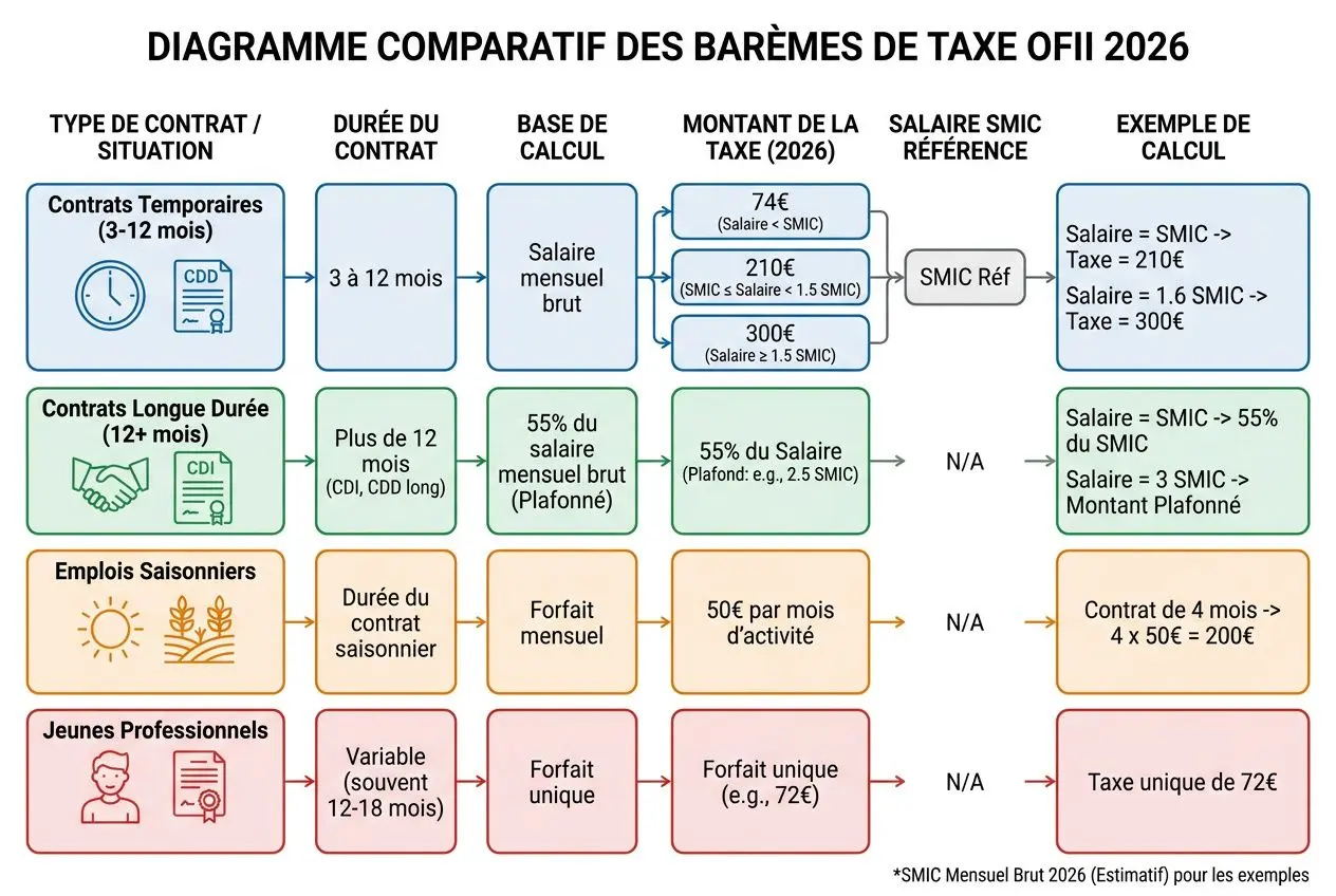 Diagramme comparatif des barèmes de taxe OFII 2026, avec montants et calculs pour divers contrats et salaires, ex. feuille: "Taxe OFII 2025" intégré naturellement.