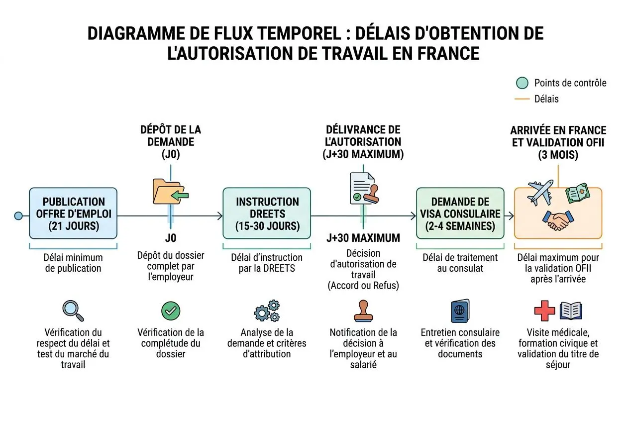 Diagramme de flux temporal pour l’autorisation de travail étranger intérim en France, avec étapes de dépôt, instruction, délivrance et validation ouvoi.