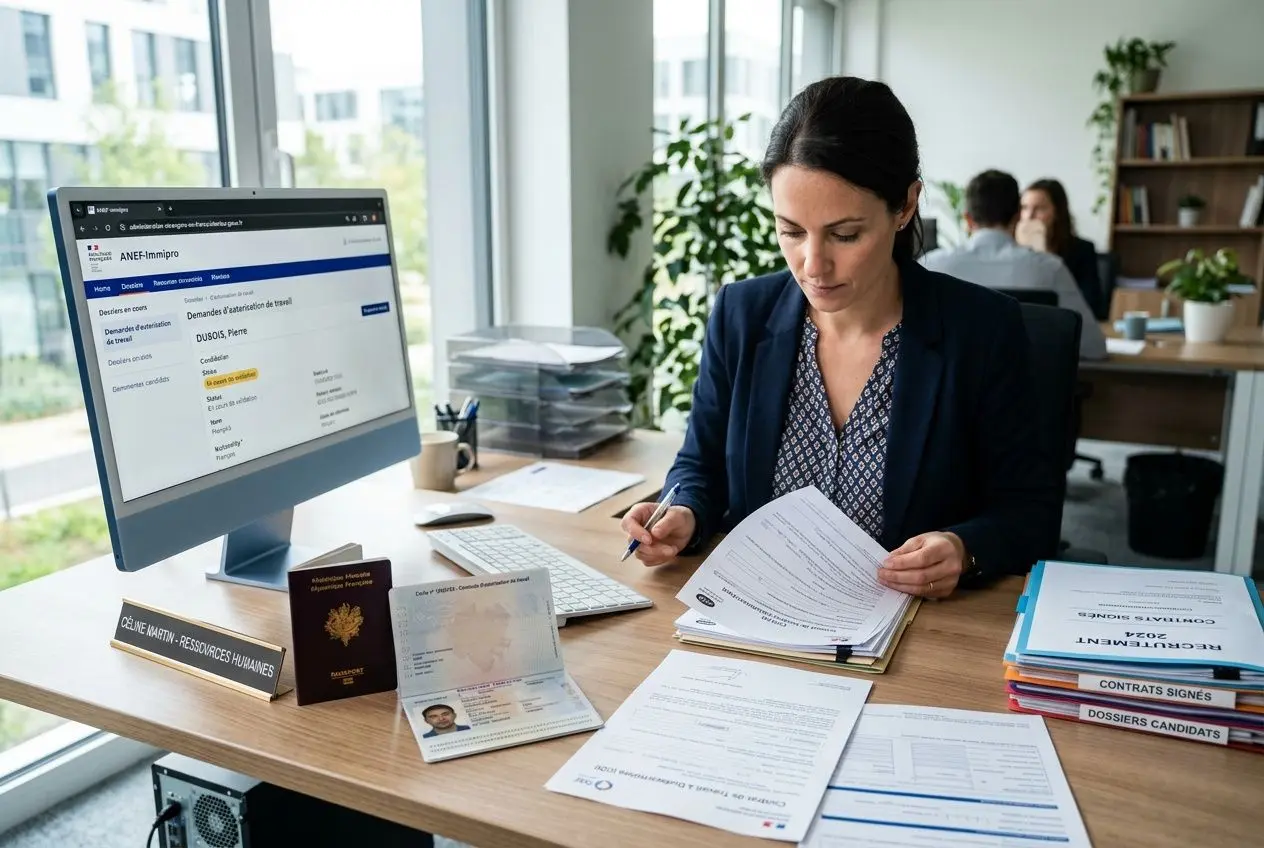 Femme en bureau devant un ordinateur, examinant et remplissant des documents, avec des dossiers et cartes d’identité sur le bureau, dans un espace de travail. Autorisation de travail étranger intérim évoquée par le contexte.