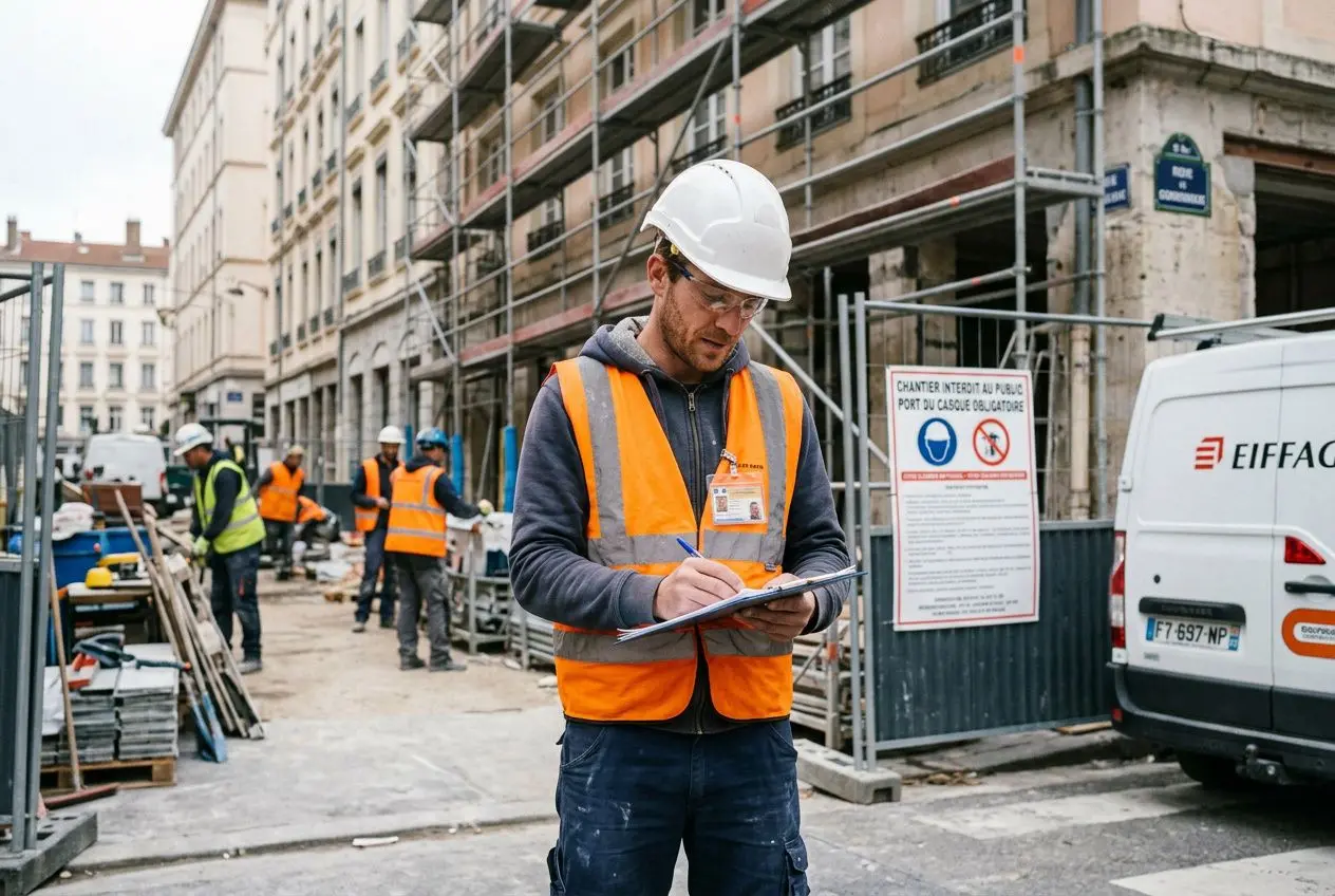 Homme sur un chantier, casque et gilet orange, prend des notes sur un carnet; d’autres ouvriers travaillent en arrière-plan. Détail intégré: travailleur étranger en France sur un site de construction.