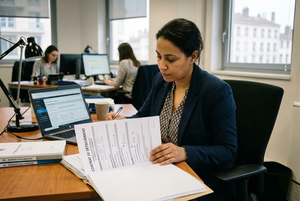 Homme ou femme de bureau siglée, en costume, consulte et signe des documents juridiques sur le détachement d'un travailleur étranger en France, avec ordinateur portable et pile de contrats.