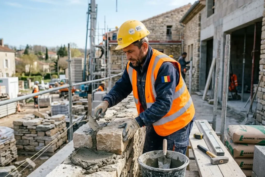 Ouvrier sur un chantier, casque jaune et gilet orange, posant une pierre dans un mur en construction. // avantages et inconvénients du travail en détachement