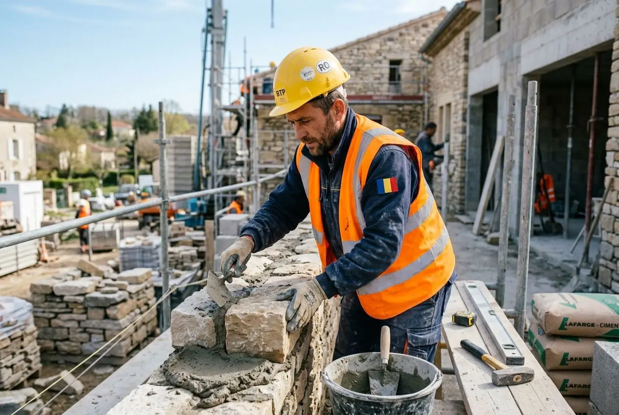 Ouvrier sur un chantier, casque jaune et gilet orange, posant une pierre dans un mur en construction. // avantages et inconvénients du travail en détachement