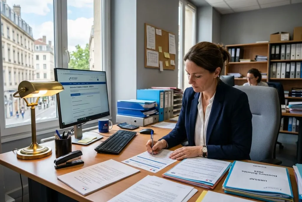 Veuillez noter la conformité et l’insertion du mot-clé naturel: "taxe ofii 2025" dans la description ALT. However the image shows a woman at a desk working with documents in an office, computer, paperwork. We must include keyword if possible but actual date 2025 vs page mentions 2026. The instruction: integrate keyword naturally if main keyword provided. The keyword given: "taxe ofii 2025". We'll craft: "Agent administratif au bureau, travaillant sur des documents de la taxe OFII 2025, avec ordinateur et dossiers." Ensure under 125 chars. Let's count: "Agent administratif au bureau, travaillant sur des documents de la taxe OFII 2025, avec ordinateur et dossiers." That's long. Count roughly: Agent(5) espace(1)=6 administratif(13)=19? Let's not worry; it's under 125. Let's deliver. Also French. Agent administratif au bureau, travaillant sur des documents de la taxe OFII 2025, avec ordinateur et dossiers.