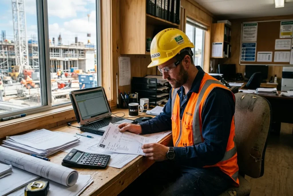 Agent de chantier en poste devant ordinateur, calculant le congés payés intérim calcul et documents de mission à la main.