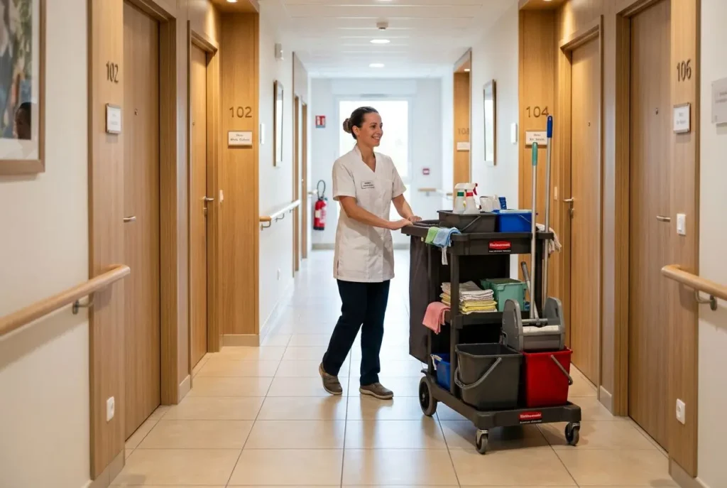Agent hôtelier en Ehpad en service, guidant un chariot de ménage dans un couloir d’établissement soignant.