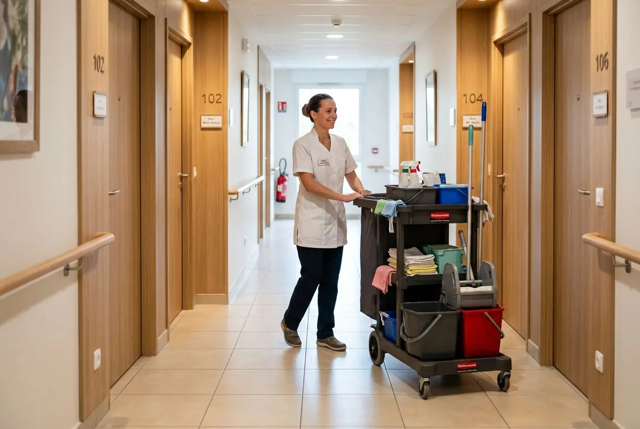 Agent hôtelier en Ehpad en service, guidant un chariot de ménage dans un couloir d’établissement soignant.