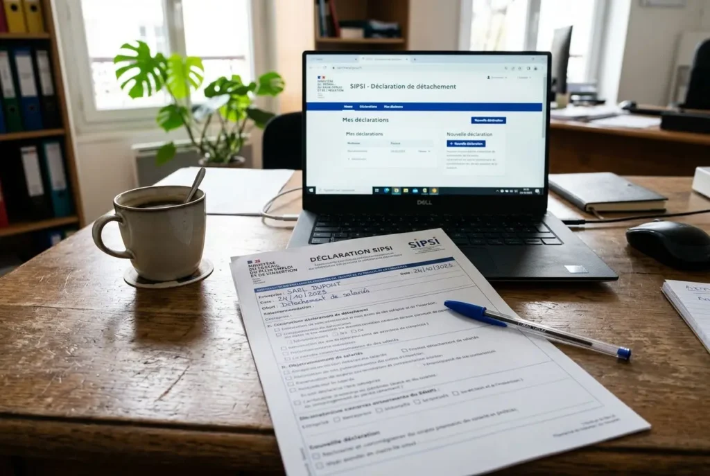 Bureau avec ordinateur portable affichant une page SIPSI, après-dessous des formulaires de détachement, stylo bleu et tasse sur une table.
