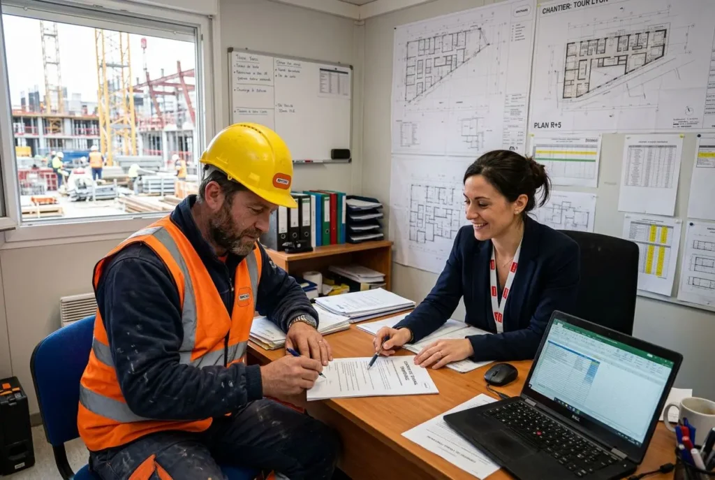 Deux professionnels en chantier : un ouvrier en équipement de sécurité signe un contrat pendant qu’une interlocutrice discutant d’un contrat de travail temporaire définition, sur un bureau avec ordinateur et plans.