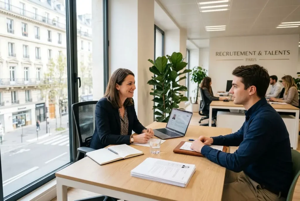 Deux professionnels en entretien d’embauche dans un bureau lumineux: une femme propose des documents, l’homme écoute, avec ordinateur et dossiers sur la table, ambiance recrutement et talents Paris. avants et inconvénients du travail temporaire.