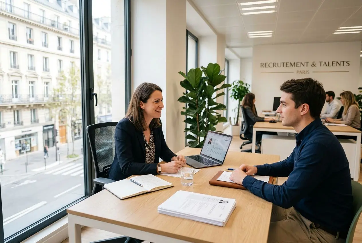 Deux professionnels en entretien d’embauche dans un bureau lumineux: une femme propose des documents, l’homme écoute, avec ordinateur et dossiers sur la table, ambiance recrutement et talents Paris. avants et inconvénients du travail temporaire.