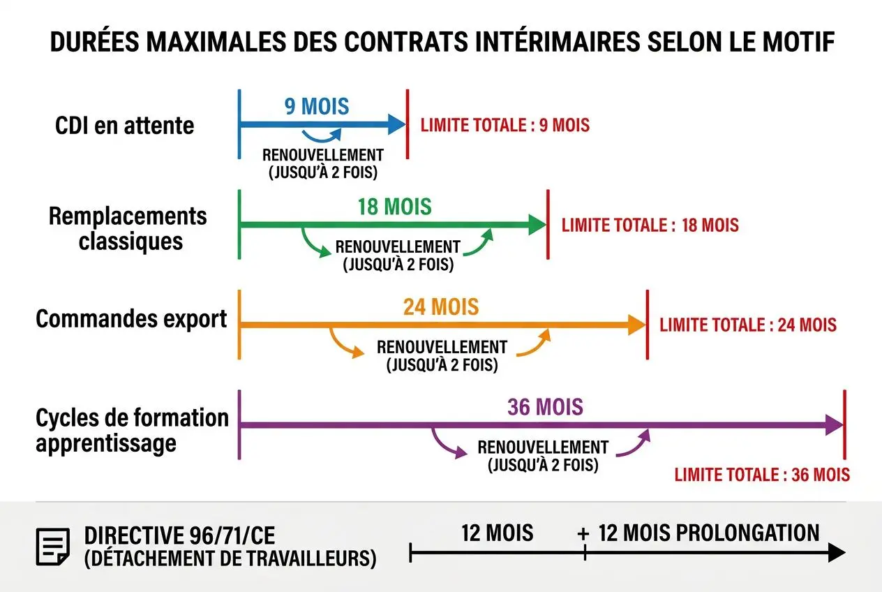 Diagramme des durées maximales des contrats intérimaires selon le motif: CDI en attente, remplacements classiques, commandes export et cycles de formation/apprentissage; montre les limites totales (9,18,24,36 mois) et les renouvelements possibles jusqu’à 2 fois. intégrant le contrat de travail temporaire définition.