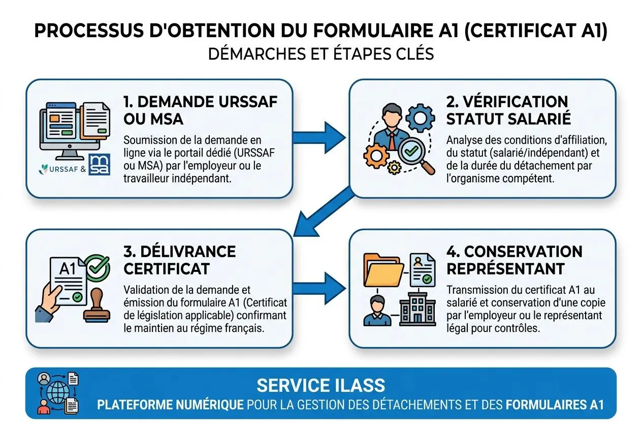 Diagramme illustrant le processus d’obtention du formulaire AI (certificat AI) avec les étapes: demande URSSAF/MSA, vérification du statut salarié, délivrance du certificat A1, conservation par l’employeur, service ILASS sur la plateforme numérique pour les détachements et formulaires A1. Inclut le contexte “détachement de travailleurs en france formulaire”.