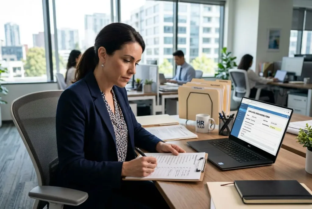 Femme en tenue professionnelle signe des documents RH sur son bureau, ordinateur affichant des données RH, ambiance bureau moderne. Formalités administratives embauche salarié évoquées.