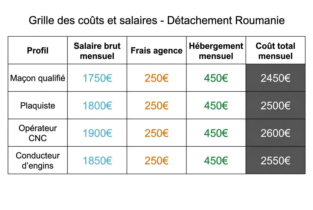 Grille des coûts et salaires pour détachement Roumanie, avec profils: maçon qualifié, plaquiste, opérateur CNC et conducteur d’engins; montants mensuels et coûts totaux. intégrer: comment recruter en roumanie.