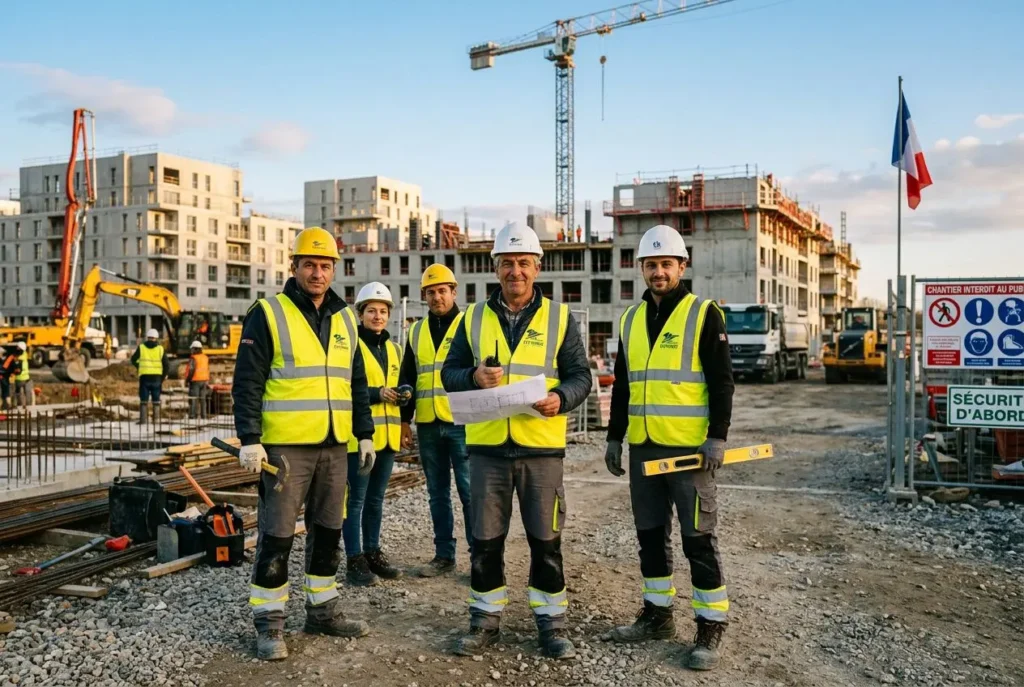 Groupe d’ouvriers et superviseur en gilet jaune réfléchissant sur un chantier de construction en France, avec un gratte-ciel et une grue en arrière-plan. Intégration d’une agence interim spécialisée roumanie.