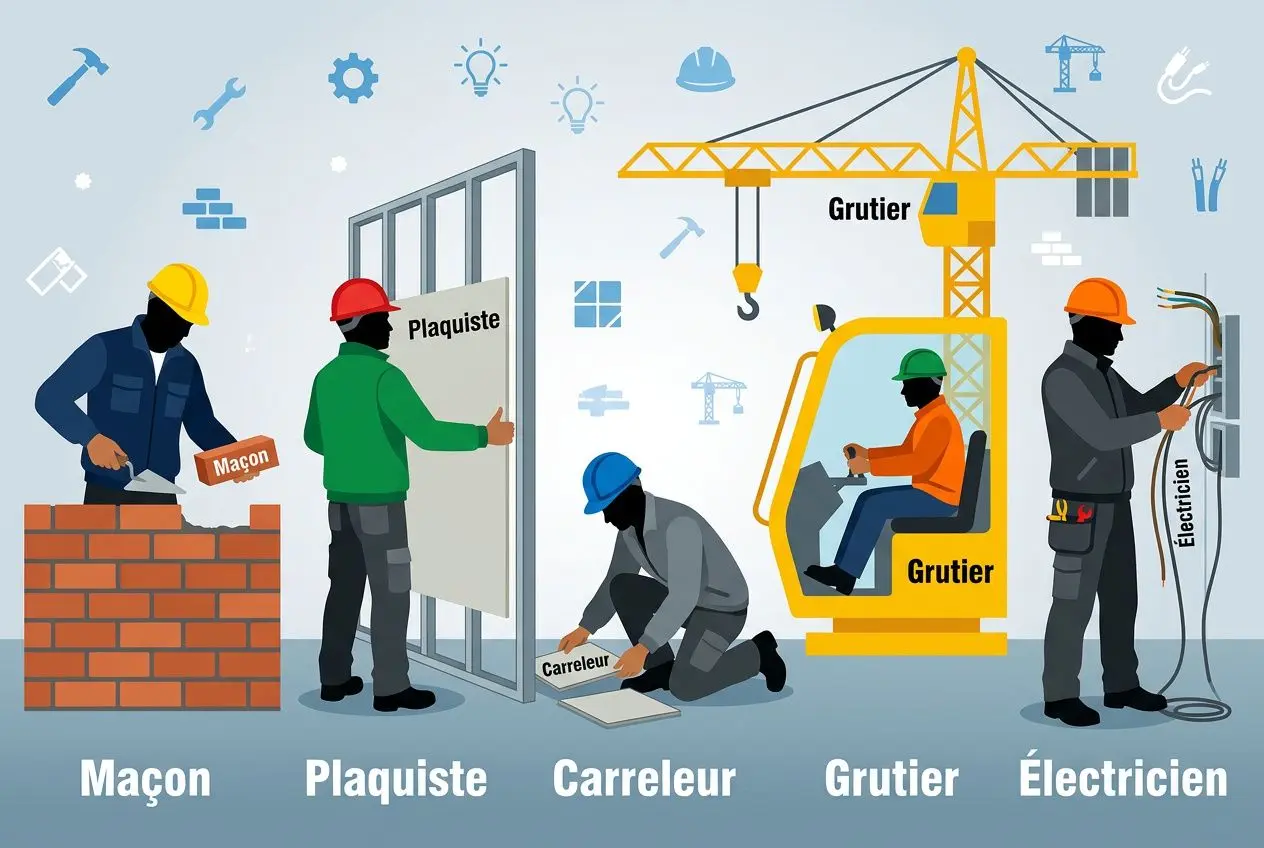 Illustration de métiers du BTP: maçon, plaquiste, carreleur, grutier et électricien sur un chantier avec machines et outils. recrutement ouvriers roumains btp intégré subtly.