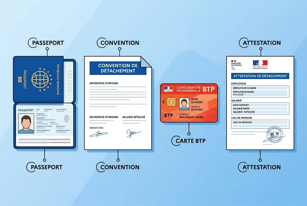 Illustration montrant divers documents: passeport, convention de détachement, carte BTP et attestation de détachement pour salariés, en relation avec le détachement de travailleurs en france.
