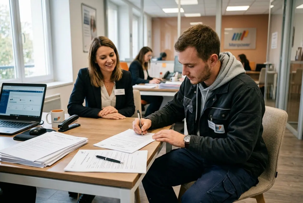 Un intérimaire signe des documents en agence, assistant présente à côté, échange administratif sur la prime de précarité travail temporaire.
