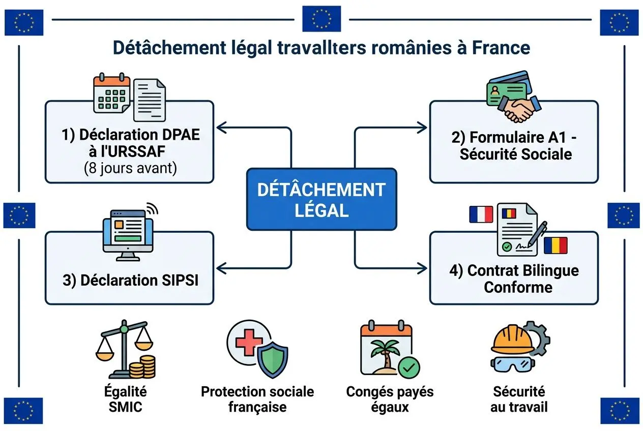 Processus de détachement légal: formalisme et documents pour travailleurs roumains en France, incluant déclarations et protections sociales. recrutement ouvriers roumains btp.