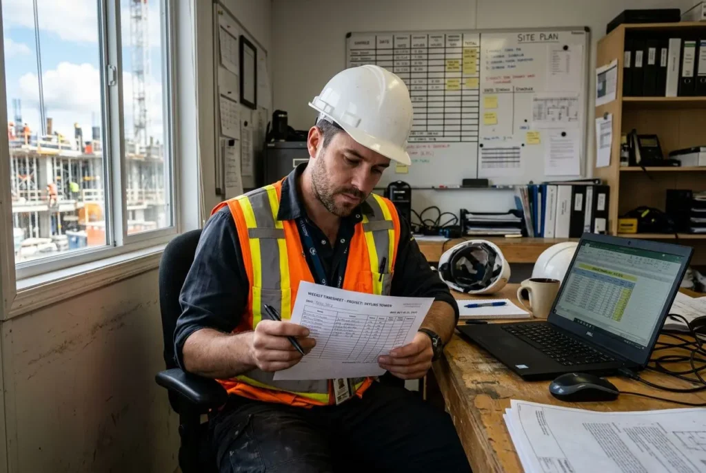 Technicien en chantier lisant un document près d’un bureau, avec ordinateur portable et plans, travail sur site. heures supplémentaires travail intérimaire