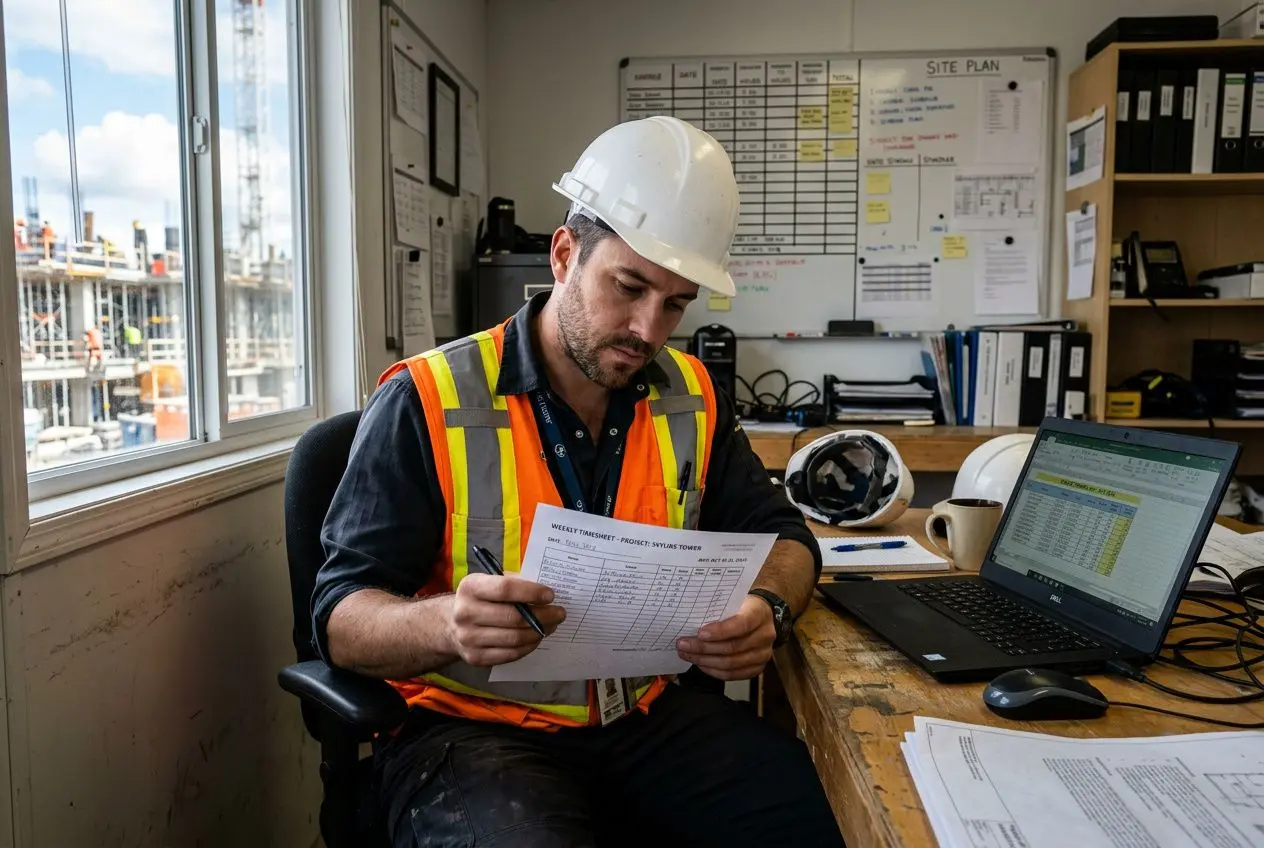 Technicien en chantier lisant un document près d’un bureau, avec ordinateur portable et plans, travail sur site. heures supplémentaires travail intérimaire