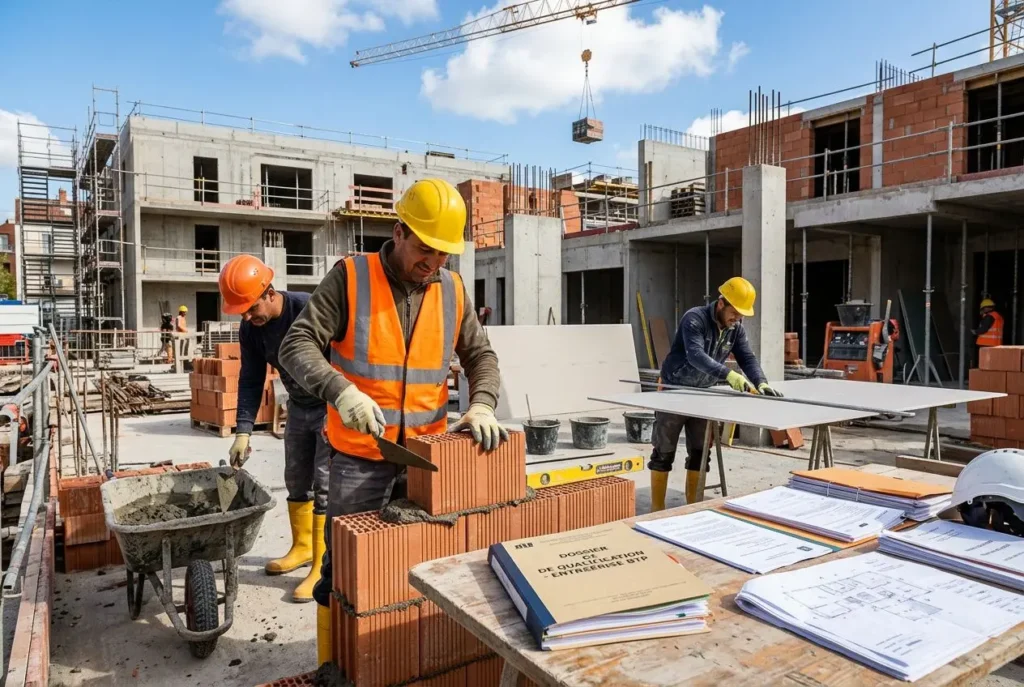 Travailleurs du BTP roumains sur un chantier, pose de briques et préparation de plans, chantier en cours. recrutement ouvriers roumains btp.
