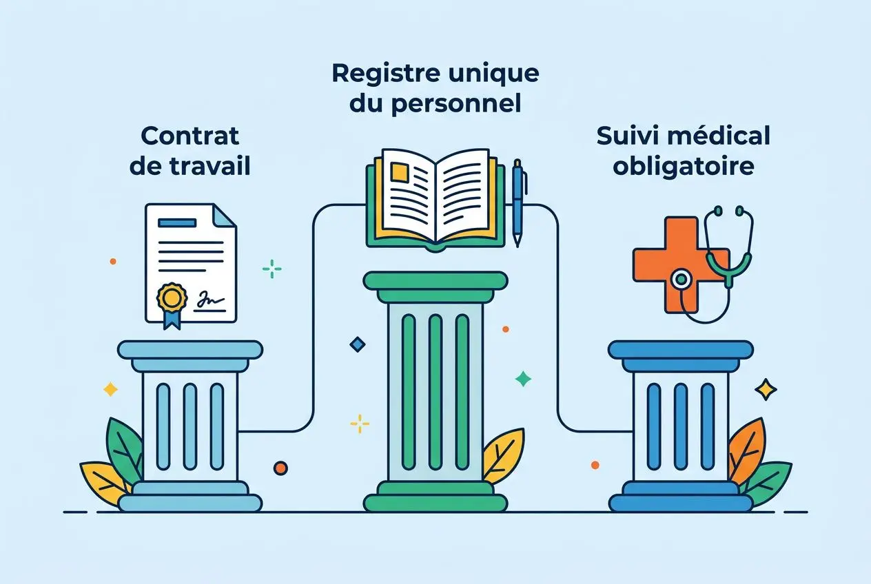 Trois colonnes illustrant les étapes des formalités administratives : contrat de travail, registre unique du personnel et suivi médical obligatoire, sur fond bleu clair.
