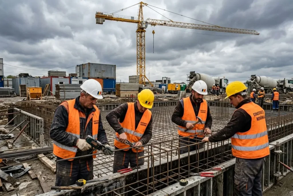 Trois ouvriers en gilet orange et casques sur un chantier de construction, travaillant sur une structure en fer et du béton.