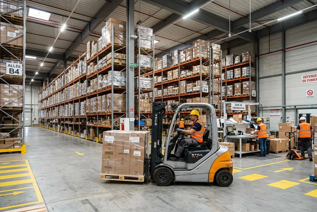 Cariste en camionnette élève des palettes dans un entrepôt logistique bien rangé, avec des ouvriers en gilets orange travaillant dans les rayonnages. ouivs roumains logistique transport intégrés naturellement.