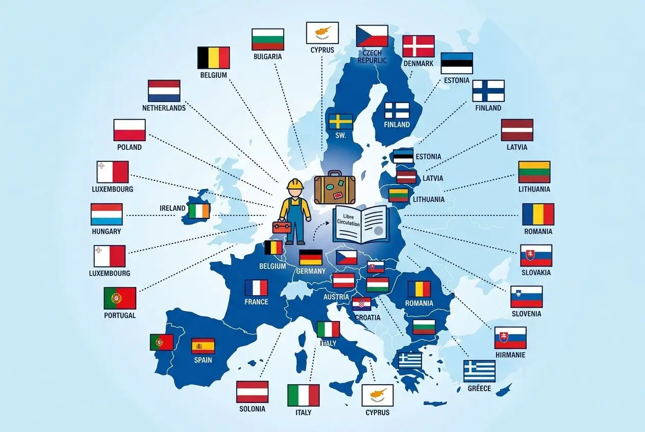 Carte de l'Europe montrant les pays et les drapeaux, avec une mascotte et des valises au centre, symbolisant la mobilité professionnelle européenne.
