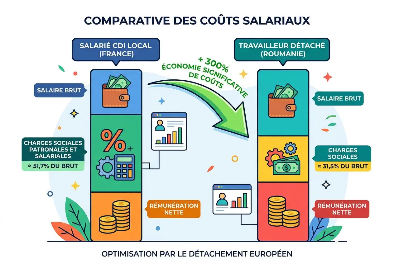 Comparatif coûts salariaux: travailleur détaché roumain et salarié local, avec économie et répartition des charges sociales et rémunération nette. intègre le cadre légal du détachement travailleurs roumains légal.