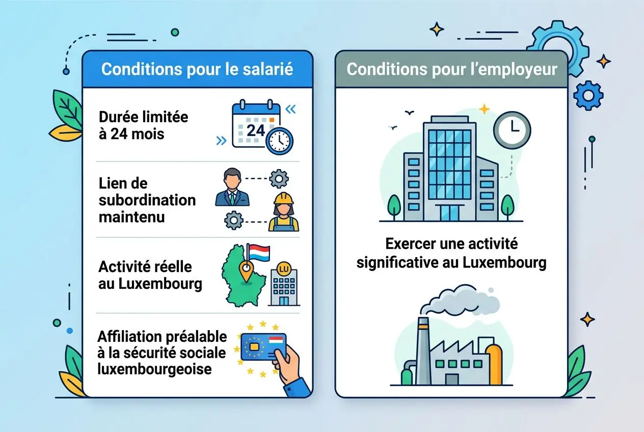 Conditions pour le salarié et l’employeur : illustration côté droit et côté gauche avec pictos sur durée, lien de subordin., activité au Luxembourg et affiliation, intégrant “formulaire a1 détachement luxembourg” de façon naturelle.
