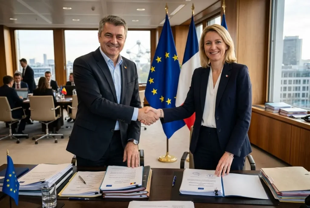 Deux cadres se serrant la main au bureau après la signature d’un accord, près de documents officiels et drapeaux européen et national en arrière-plan. Détail du contexte : cadre légal et obligations du détachement travailleurs roumains légal.