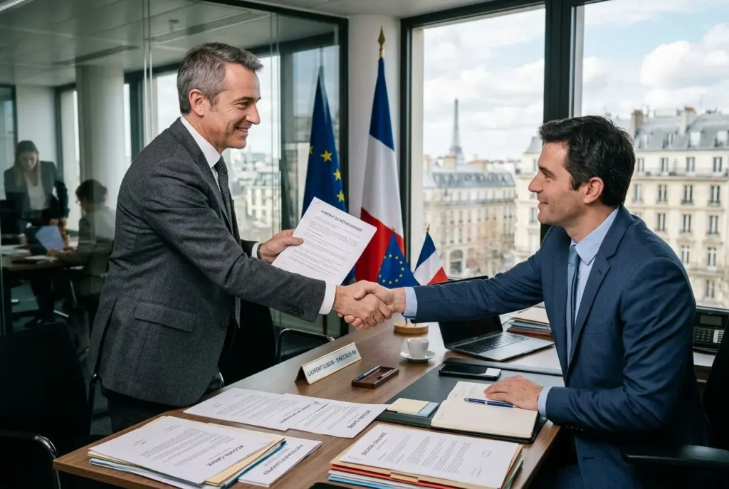 Deux cadres se serrant la main au bureau, échanges de documents devant des drapeaux, scène professionnelle. Bulletin de paie d'un salarié détaché à l'étranger intégré.