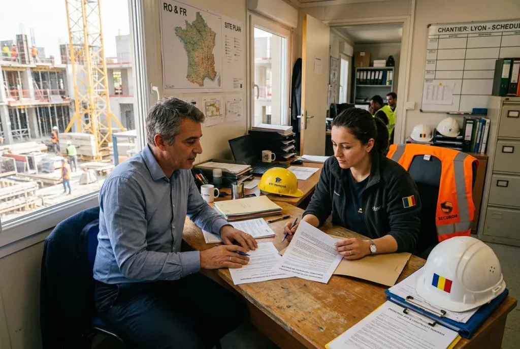 Deux professionnels examinent des documents près d’un bureau de chantier, avec casques et gilets de sécurité. Une discussion sur les procédures et les démarches liées à l’embauche d’un ouvrier roumain. Comment embaucher ouvrier roumain intégré naturellement.