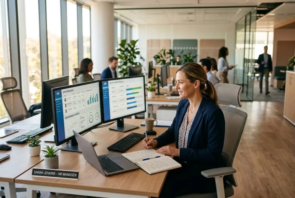 Employée en management RH devant deux écrans affichant des données, dans un open space, pour l’optimisation ressources humaines.
