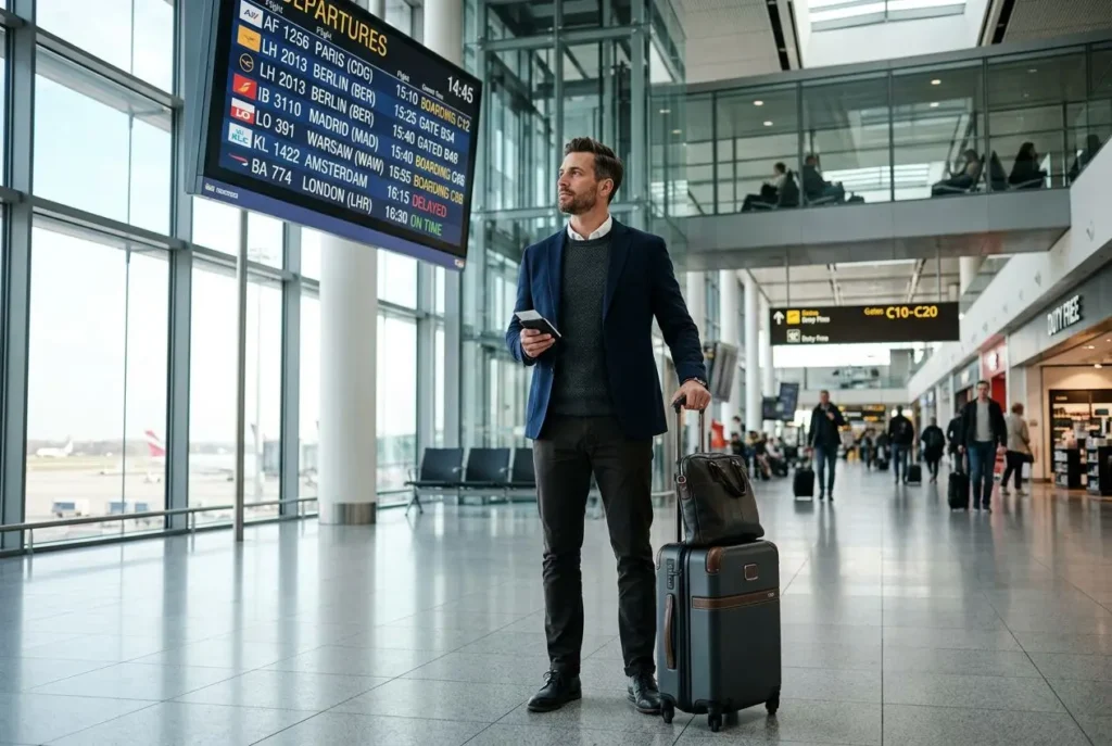 Homme d’affaires dans un aéroport, portant costume et valise, regardant un panneau d’horaires. Mobilité professionnelle europe évoquée par le cadre.