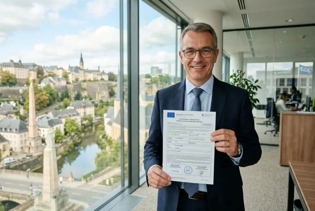 Homme d’affaires souriant tenant un formulaire A1 détachement Luxembourg près d’une fenêtre avec vue urbaine.