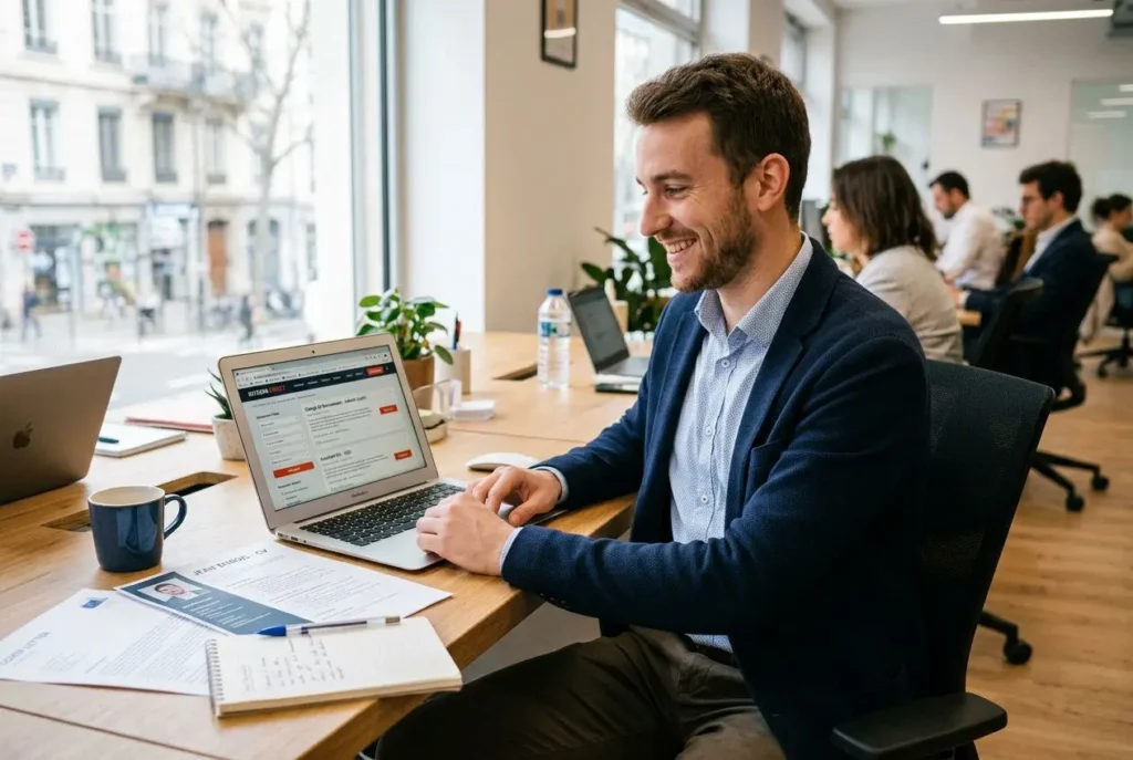 Homme souriant en bureau d’agence d’intérim, ordinateur portable ouvert, poignée de documents et carnet; ambiance professionnelle. Comment trouver du travail rapidement en intérim.