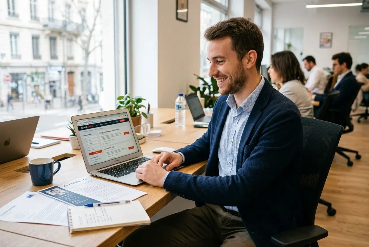 Homme souriant en bureau d’agence d’intérim, ordinateur portable ouvert, poignée de documents et carnet; ambiance professionnelle. Comment trouver du travail rapidement en intérim.