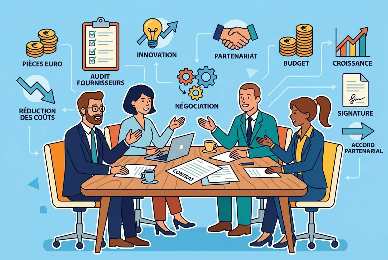 Illustration d'une équipe de dirigeants autour d'une table en réunion, avec mots-clés sur la réduction des coûts et la négociation. intégré: comment réduire les coûts de mon entreprise.