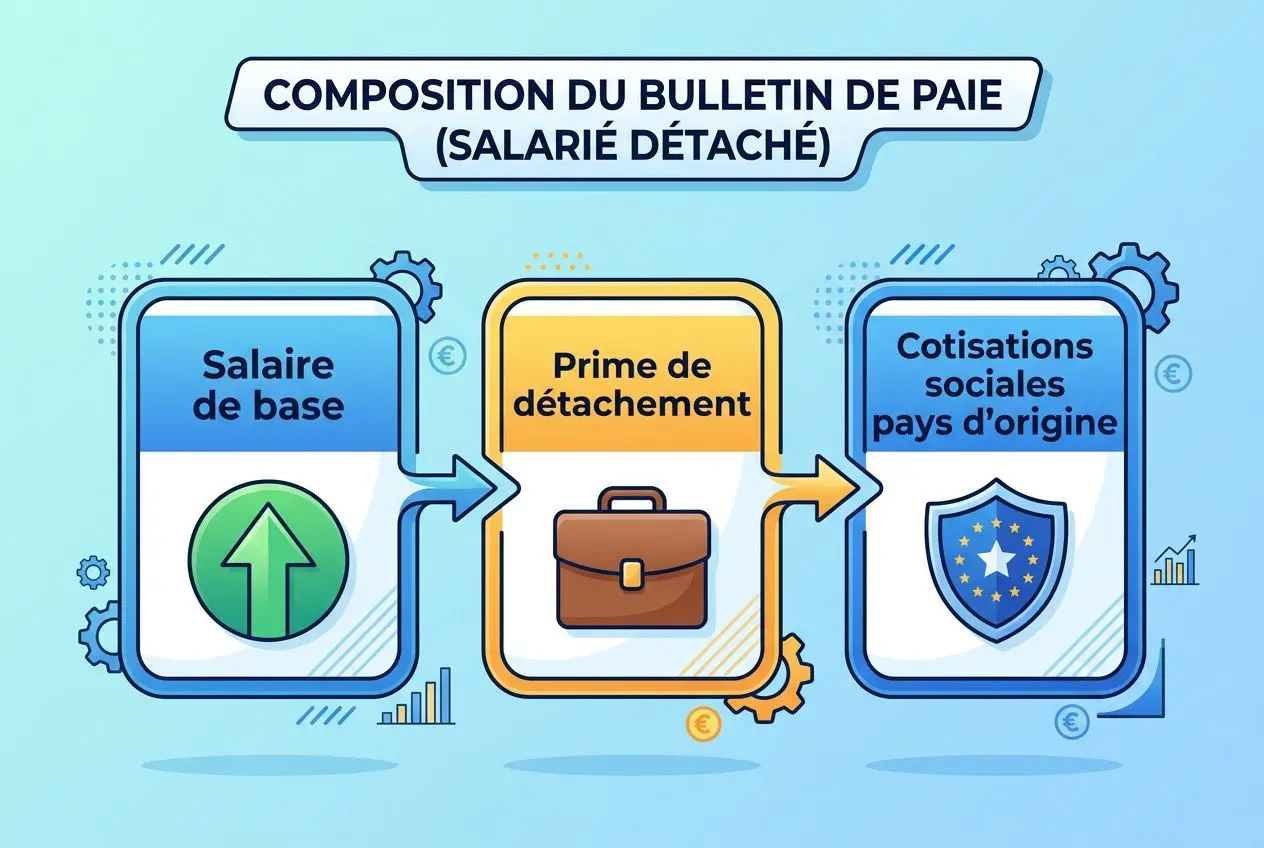 Illustration explicative du bulletin de paie d'un salarié détaché: salaire de base, prime de détachement et cotisations sociales pays d'origine, avec flèches montrant le flux.