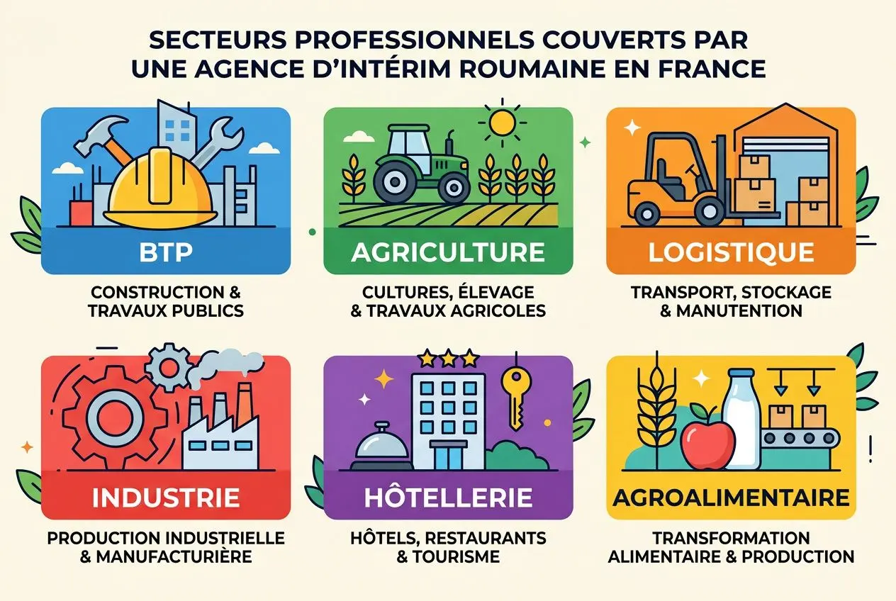 Image illustrant les secteurs professionnels couverts par une agence d’intérim roumaine en France, dont Agriculture, BTP, Logistique, Industrie, Hôtellerie et Agroalimentaire. Emplacement: ile image colorée avec étiquettes et icônes. Inclure le mot-clé emploi saisonnier france roumanie de manière naturelle dans la description.