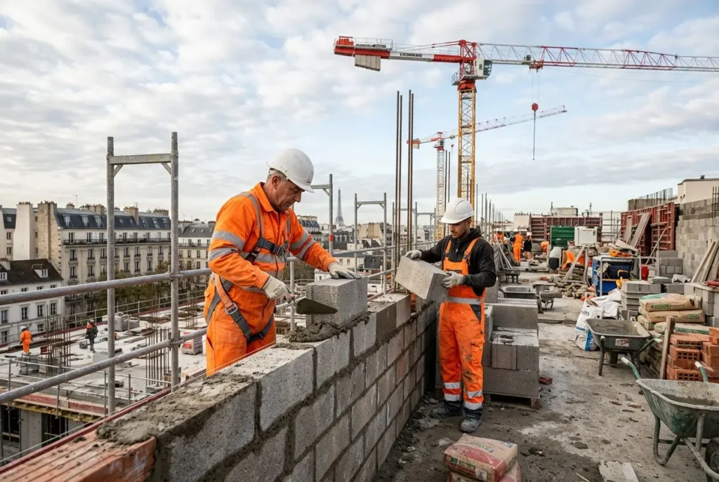 Ouvriers en chantier en Île-de-France posant des blocs de béton sur un mur, avec grue et bâtiments en arrière-plan, formation en intérim BTP île-de-france.