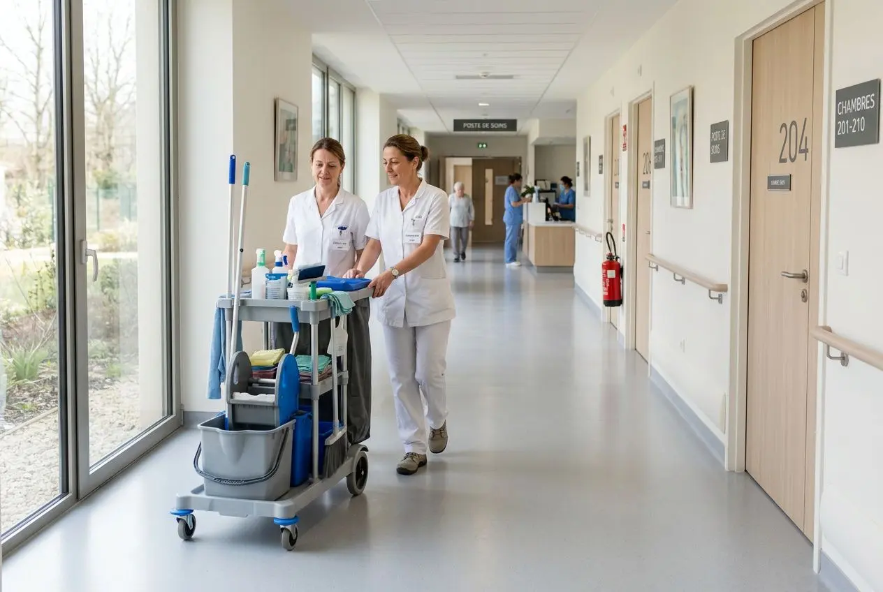 Personnel qualifié secteur santé hôtellerie: deux agents de service hôtelier en blanc poussent une chariot de nettoyage dans un couloir d'hôpital, près des chambres.