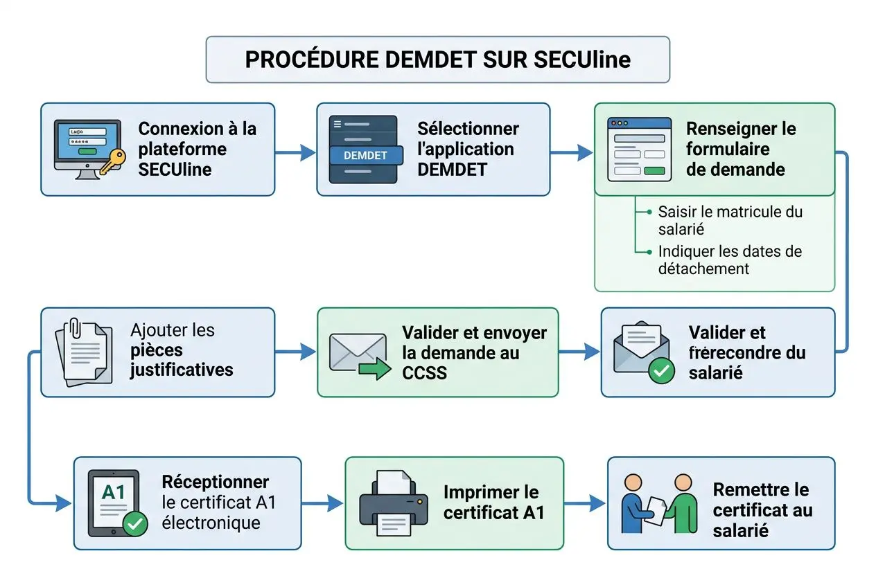 Processus DEMDET sur SECUline pour le formulaire a1 détachement luxembourg: connexion, sélection DEMDET, saisie du salarié et dates, pièces justificatives, envoi à CCSS, réception du certificat A1 électronique et remise au salarié.
