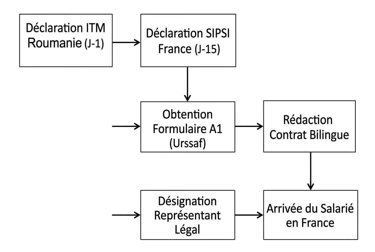 Processus de détachement: déclaration ITM roumaine, déclaration SPSI France, obtention du formulaire A1 (URSSAF), rédaction contrat bilingue, désignation du représentant légal et arrivée du salarié en France. Détachement travailleurs roumains légal.