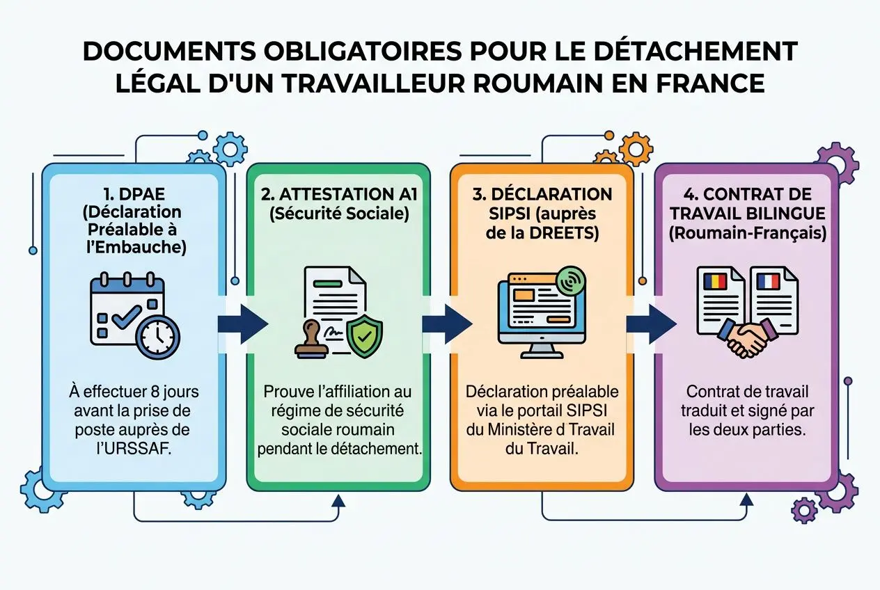 Processus de détachement légal d’un ouvrier roumain en France: DPAE, attestation A1, déclaration SIPSI, contrat bilingue. ouvrier roumains logistique transport.